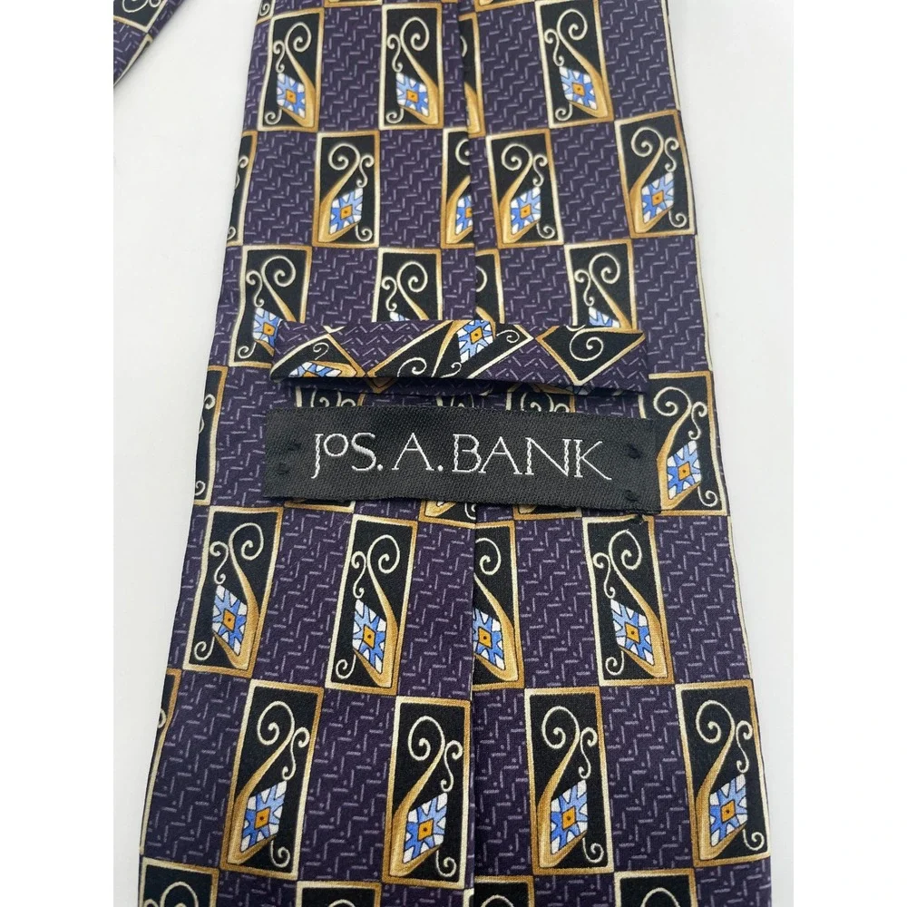 Jos A Bank Silk Tie Mens Purple Gold Geometric Art Deco Handsewn Made in USA